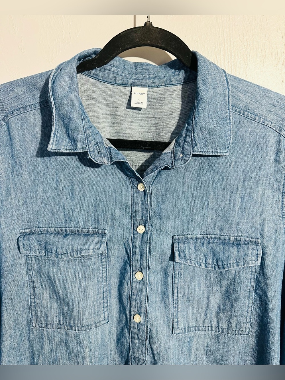 Old Navy Chambray Denim Popover Tunic Shirt/Mini Dress Long Sleeve Double Pocket - Picture 4 of 5